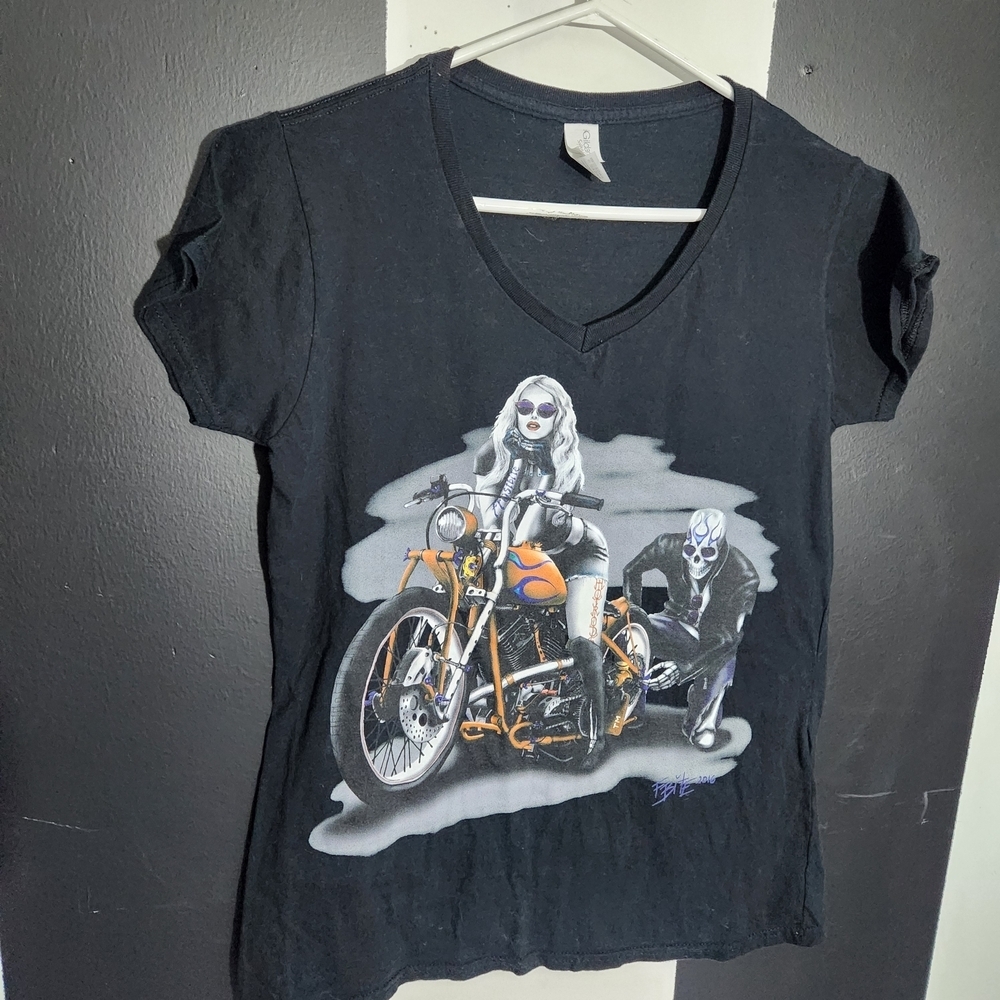 Gildan Black Tee with Motorcycle and Character Design